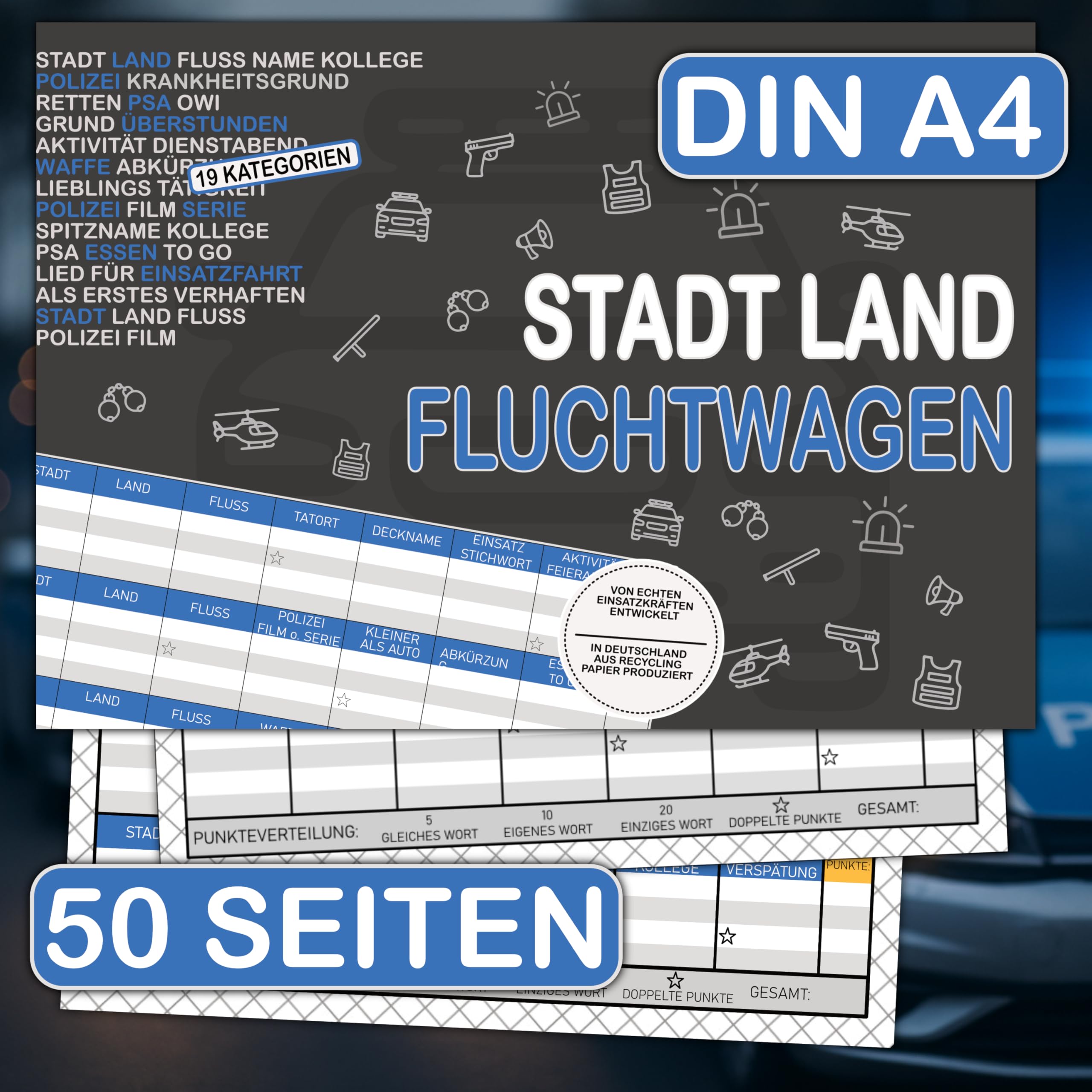 Stadt Land Fluchtwagen Polizei Rätzel Polizei Geschenk 50 Seiten DIN A4 Recycling Papier