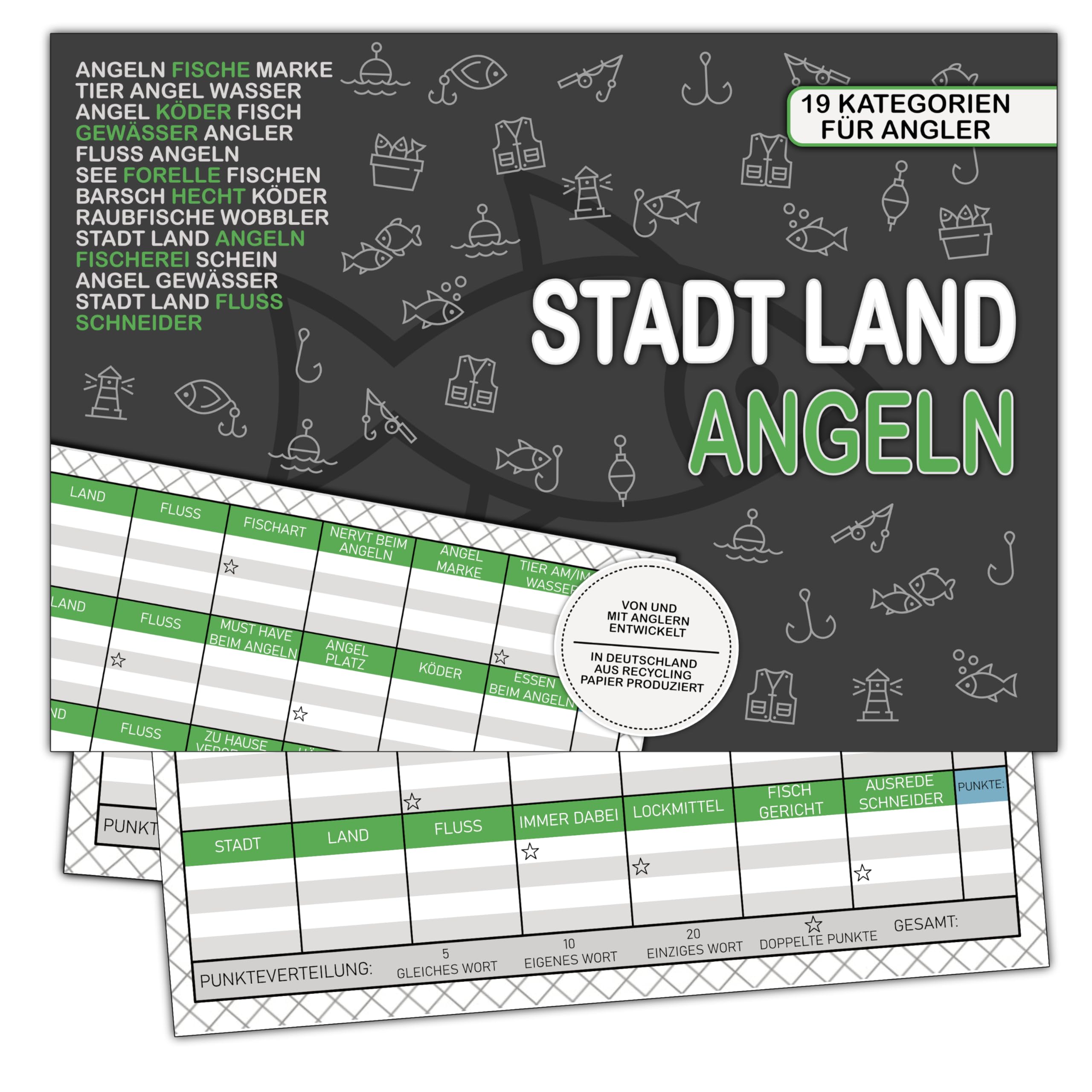 Bezify Angel Spiel Stadt Land Fluss – Geschenk für Angler & Fischer – 50 Blatt Spielblock aus Recycling-Papier – Lustiges Angelgeschenk für alle mit Angelschein - Made in Germany