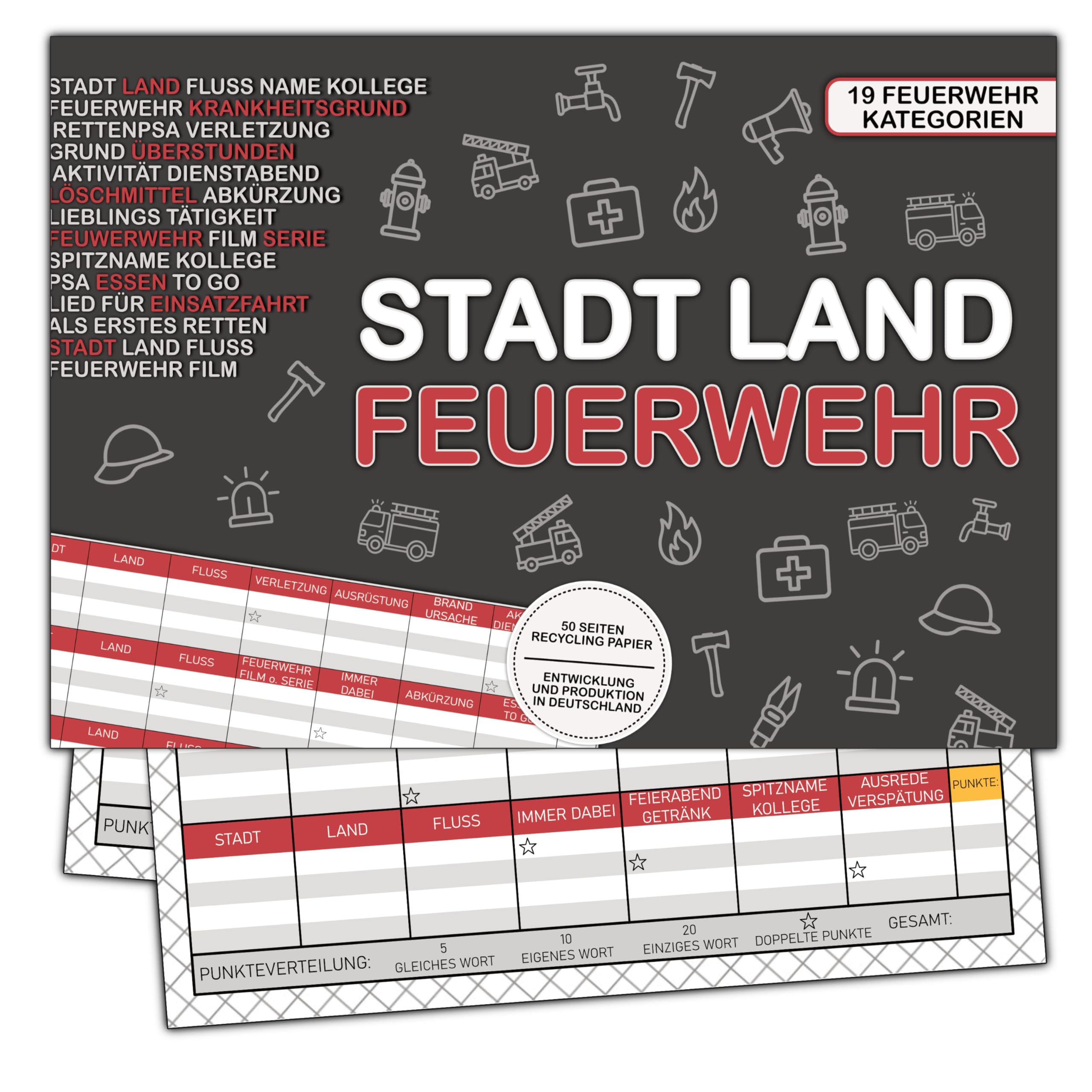 Stadt Land Feuerwehr Freiwillige Feuerwehrmann Geschenk Rätsel 50 Seiten DIN A4 Recycling Papier, mit Block