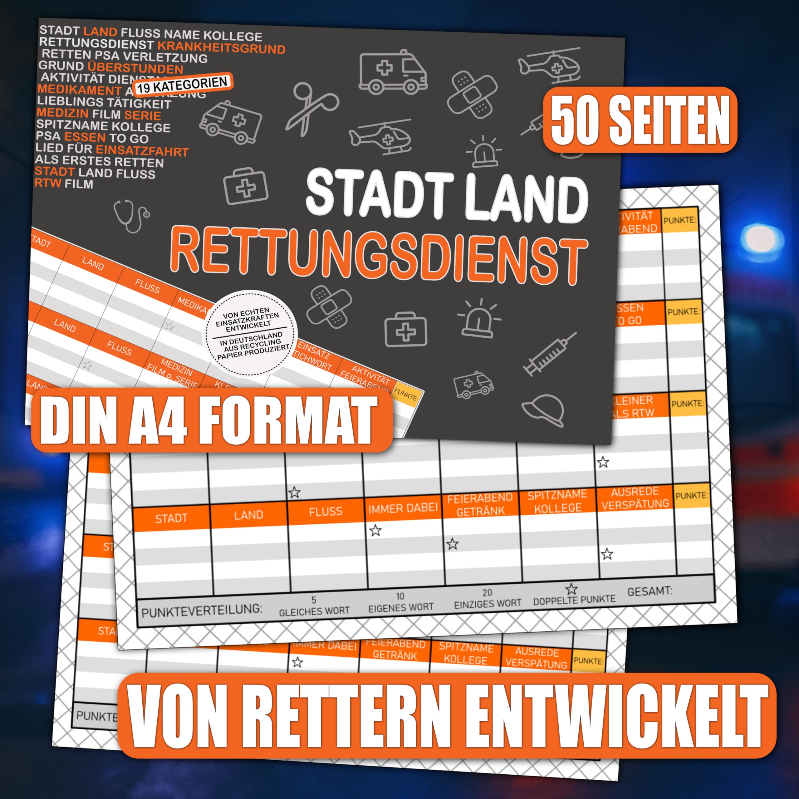 Stadt Land Rettungswagen Rätzel RTW Rettungsdienst Geschenk 50 Seiten DIN A4 Recycling Papier