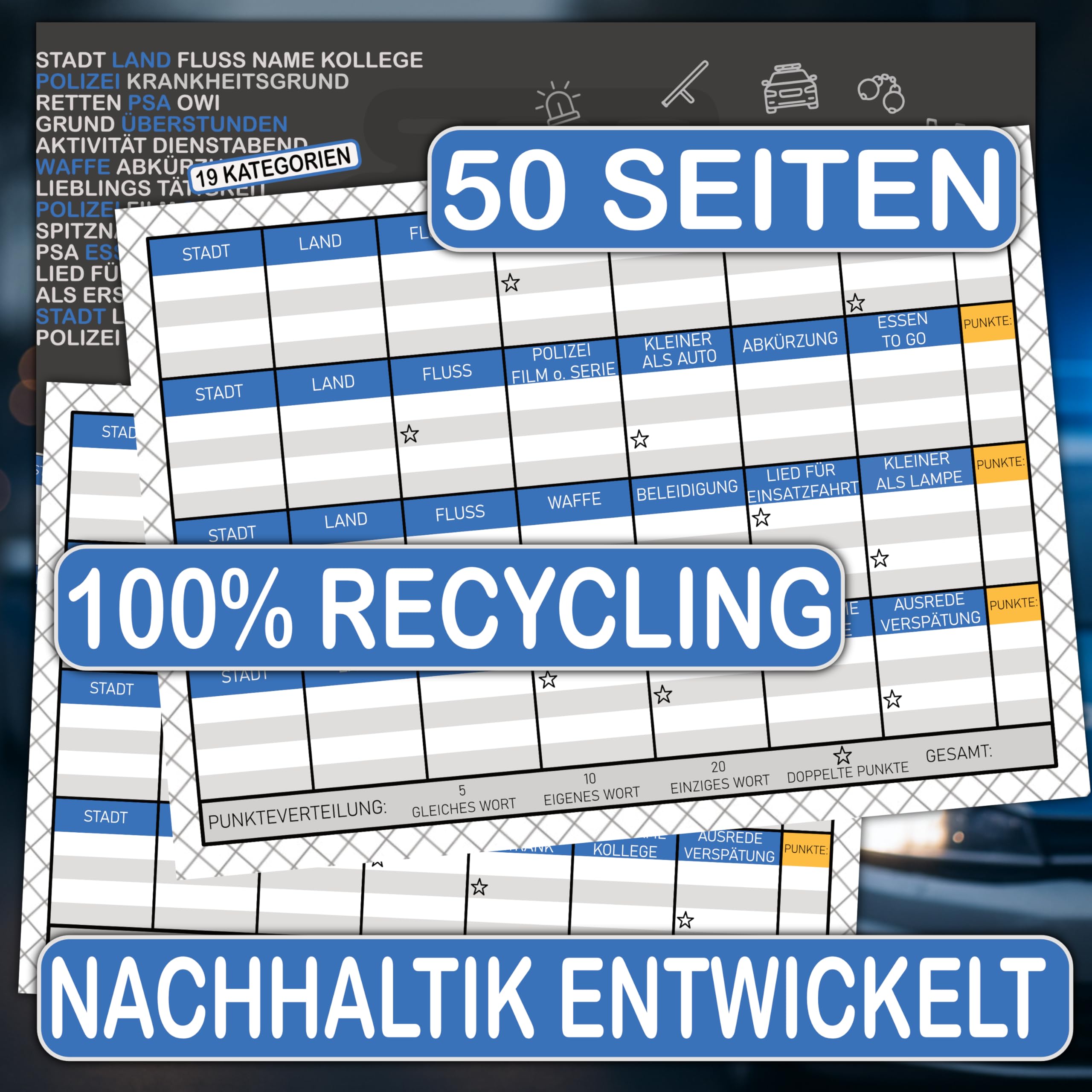 Stadt Land Fluchtwagen Polizei Rätzel Polizei Geschenk 50 Seiten DIN A4 Recycling Papier