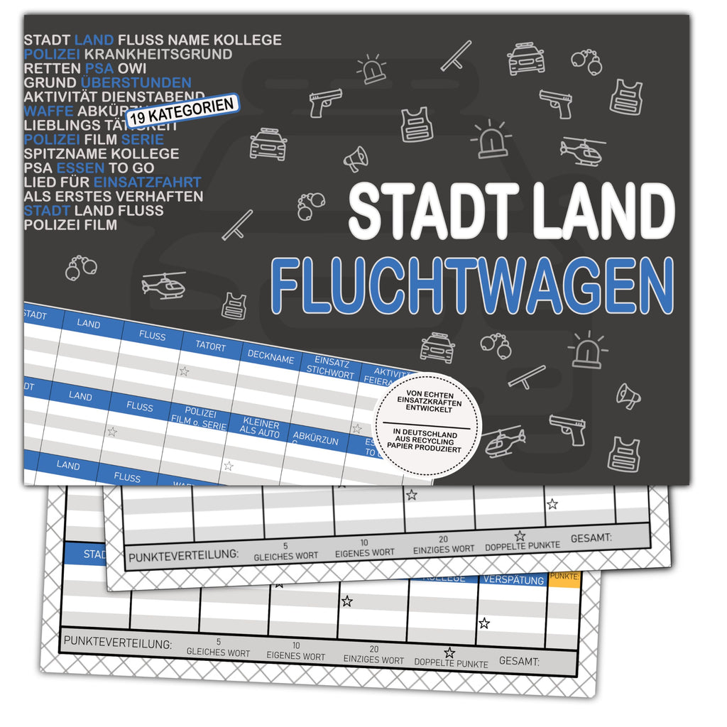 Stadt Land Fluchtwagen Polizei Rätzel Polizei Geschenk 50 Seiten DIN A4 Recycling Papier