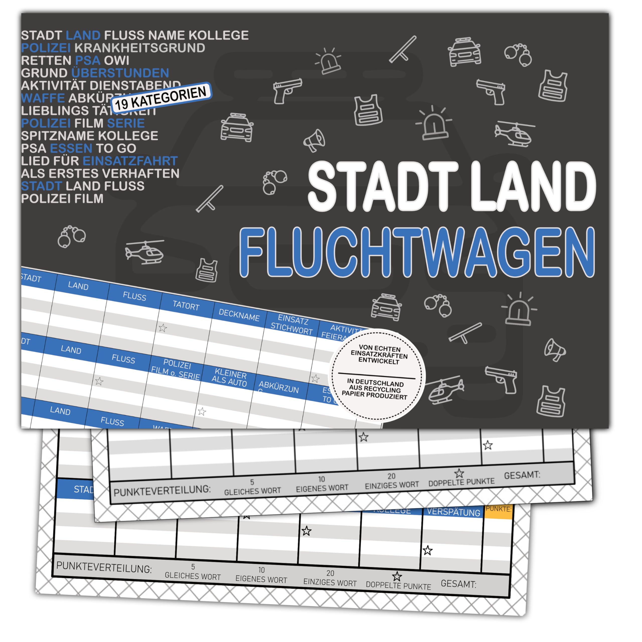 Stadt Land Fluchtwagen Polizei Rätzel Polizei Geschenk 50 Seiten DIN A4 Recycling Papier